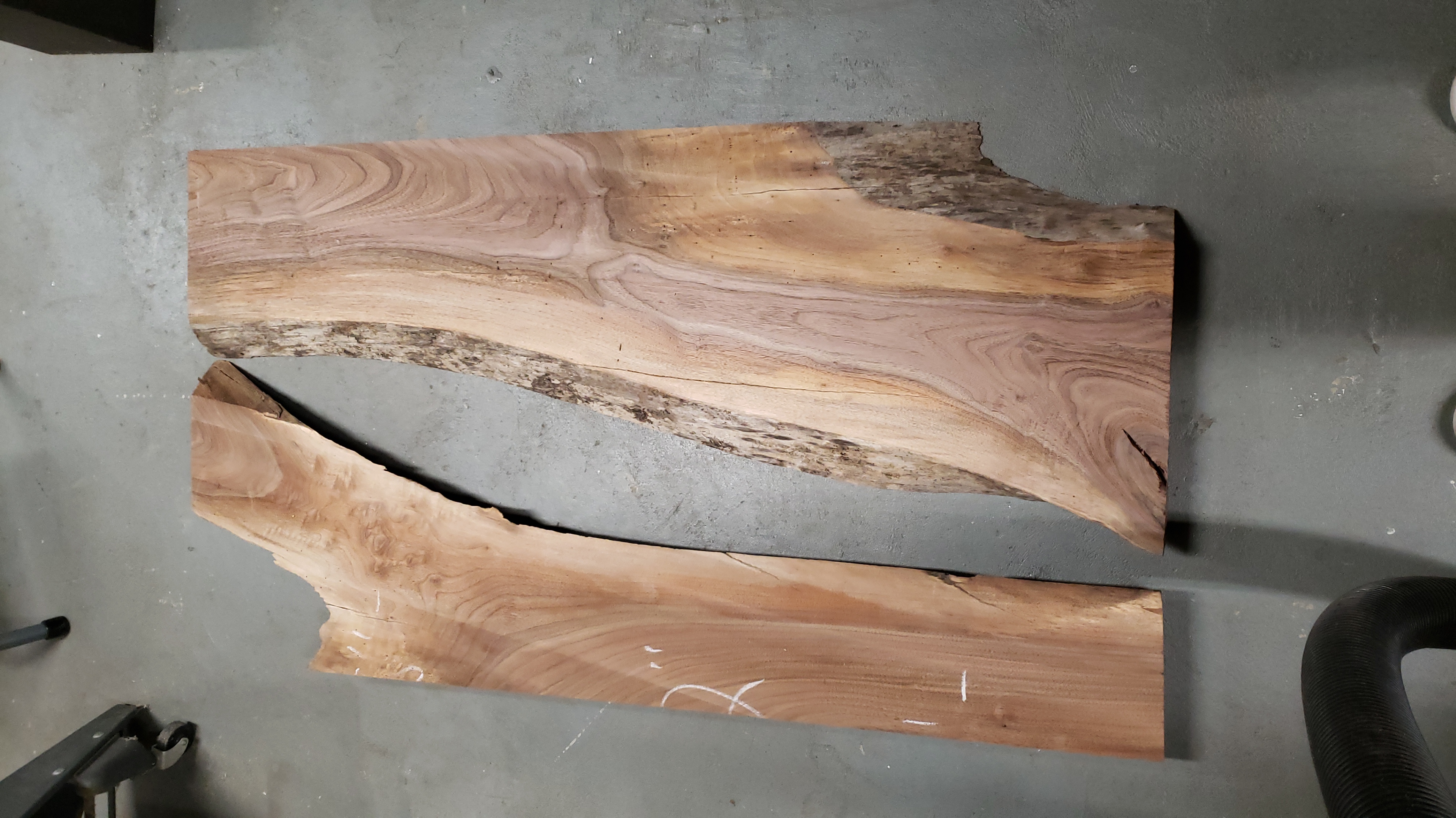 Two walnut slabs arranged on floor